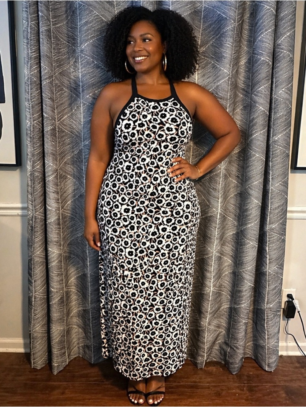 Diane Von Furstenberg Black and White Floral Halter Maxi